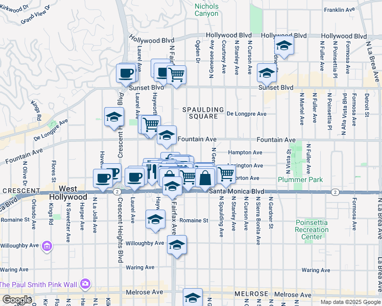 map of restaurants, bars, coffee shops, grocery stores, and more near 1220 North Orange Grove Avenue in Los Angeles