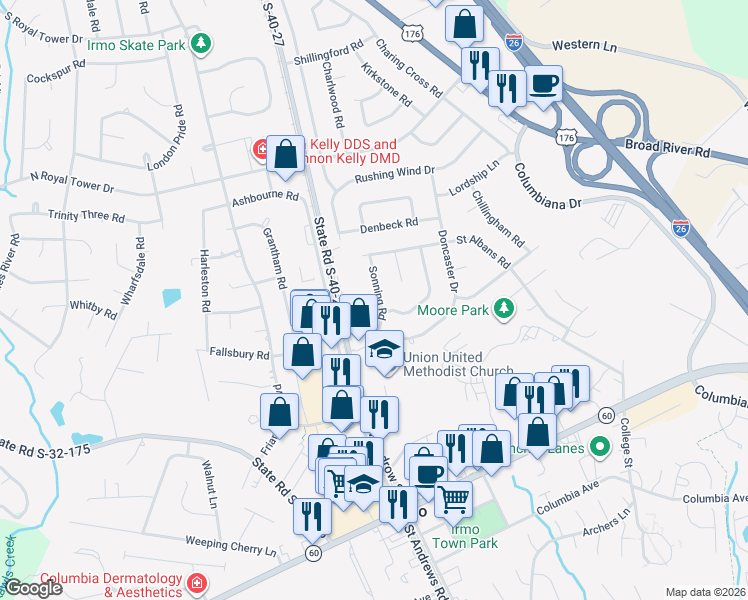 map of restaurants, bars, coffee shops, grocery stores, and more near 131 Sonning Road in Irmo