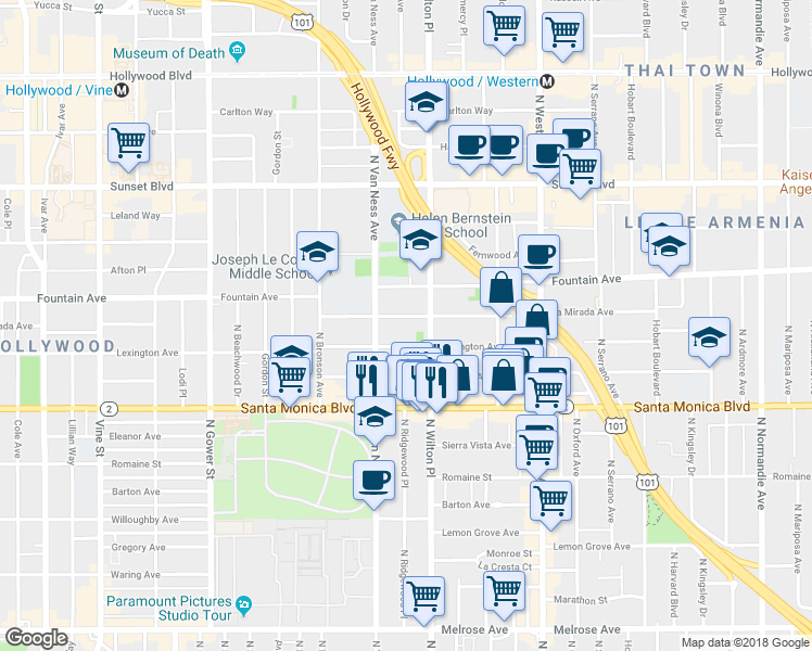 map of restaurants, bars, coffee shops, grocery stores, and more near 5724 La Mirada Avenue in Los Angeles