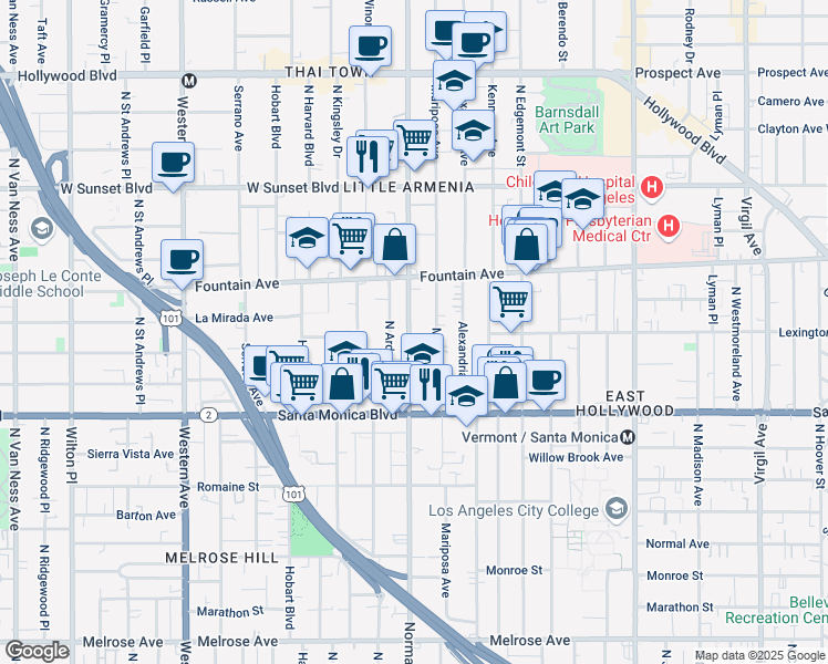 map of restaurants, bars, coffee shops, grocery stores, and more near 1204 North Normandie Avenue in Los Angeles