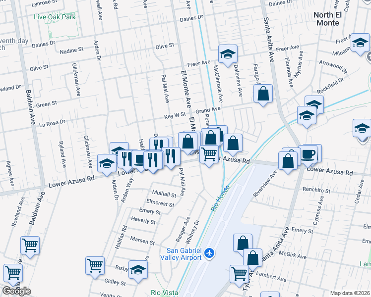 map of restaurants, bars, coffee shops, grocery stores, and more near 10649 Fairhall Street in Temple City