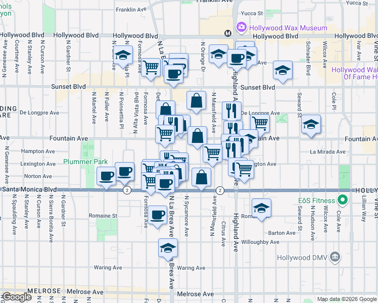 map of restaurants, bars, coffee shops, grocery stores, and more near 1232 North Sycamore Avenue in Los Angeles