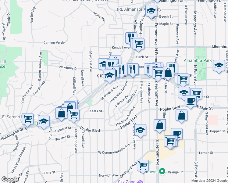map of restaurants, bars, coffee shops, grocery stores, and more near 3106 Sherwood Avenue in Alhambra