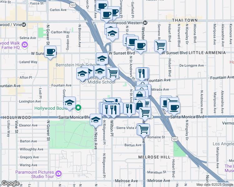 map of restaurants, bars, coffee shops, grocery stores, and more near 5656 La Mirada Avenue in Los Angeles
