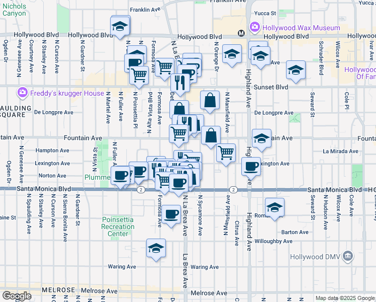 map of restaurants, bars, coffee shops, grocery stores, and more near 1234 North La Brea Avenue in West Hollywood