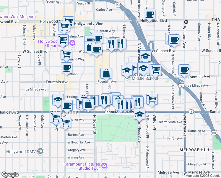 map of restaurants, bars, coffee shops, grocery stores, and more near 1228 Gordon Street in Los Angeles