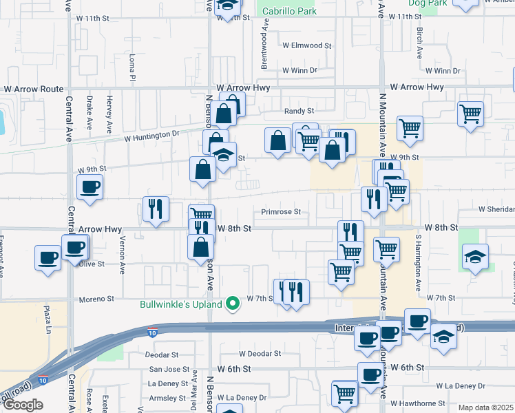 map of restaurants, bars, coffee shops, grocery stores, and more near 1489 Primrose Street in Upland