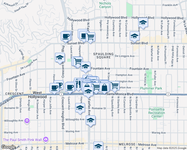 map of restaurants, bars, coffee shops, grocery stores, and more near 1223 North Orange Grove Avenue in West Hollywood