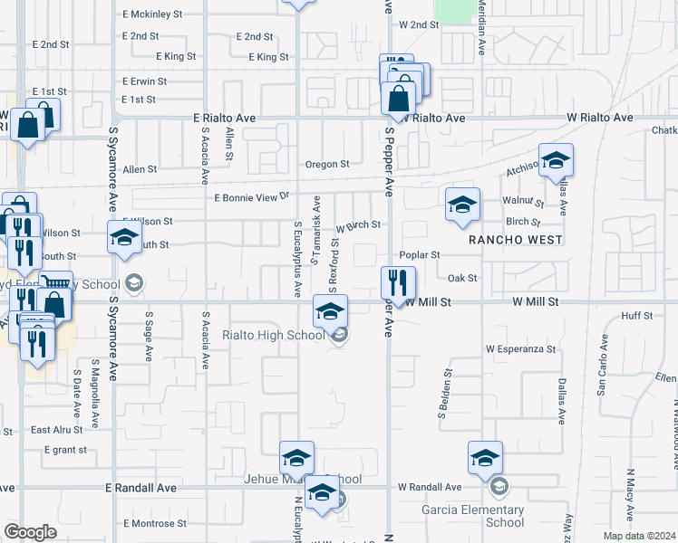 map of restaurants, bars, coffee shops, grocery stores, and more near 435 South Rexford Street in Rialto