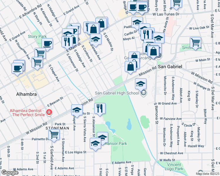 map of restaurants, bars, coffee shops, grocery stores, and more near 530 South Cordova Street in Alhambra