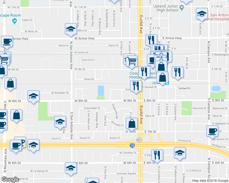 map of restaurants, bars, coffee shops, grocery stores, and more near 286 Euclid Place in Upland