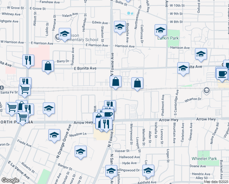 map of restaurants, bars, coffee shops, grocery stores, and more near 2602 North Towne Avenue in Pomona