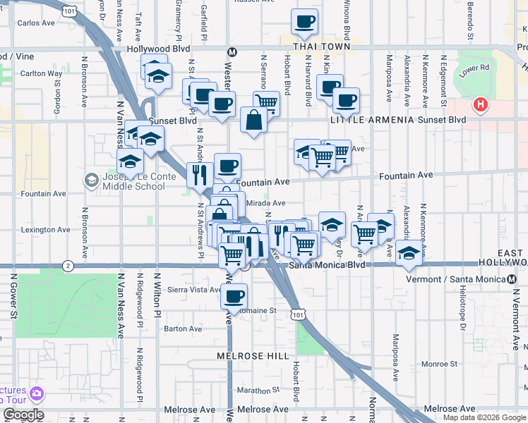 map of restaurants, bars, coffee shops, grocery stores, and more near 1218 North Serrano Avenue in Los Angeles