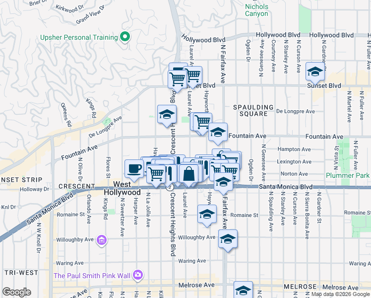 map of restaurants, bars, coffee shops, grocery stores, and more near 1261 Laurel Avenue in West Hollywood