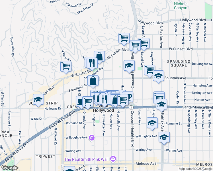 map of restaurants, bars, coffee shops, grocery stores, and more near 1262 North Sweetzer Avenue in West Hollywood