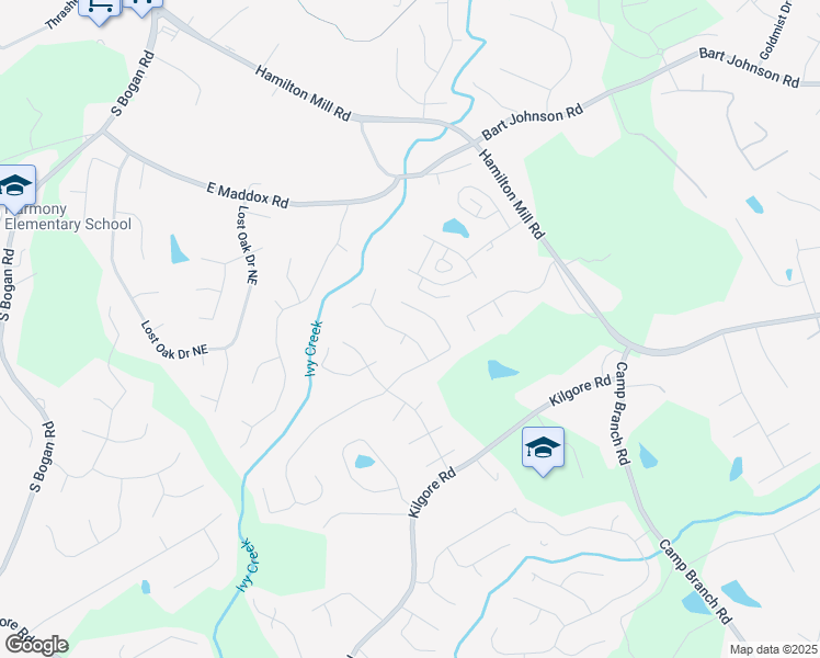 map of restaurants, bars, coffee shops, grocery stores, and more near 3643 Southland Drive Northeast in Buford