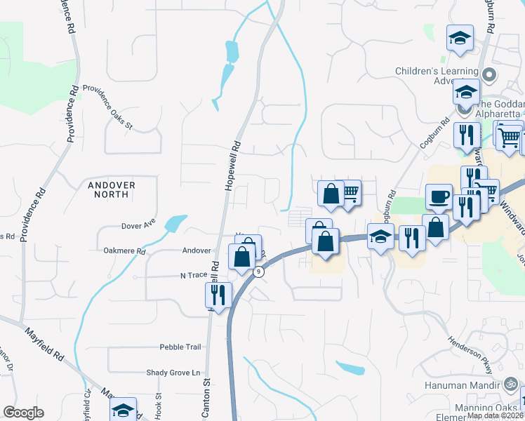 map of restaurants, bars, coffee shops, grocery stores, and more near 870 Southfield Lane in Alpharetta