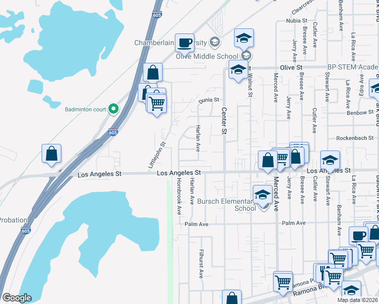 map of restaurants, bars, coffee shops, grocery stores, and more near 13324 Belgate Street in Baldwin Park
