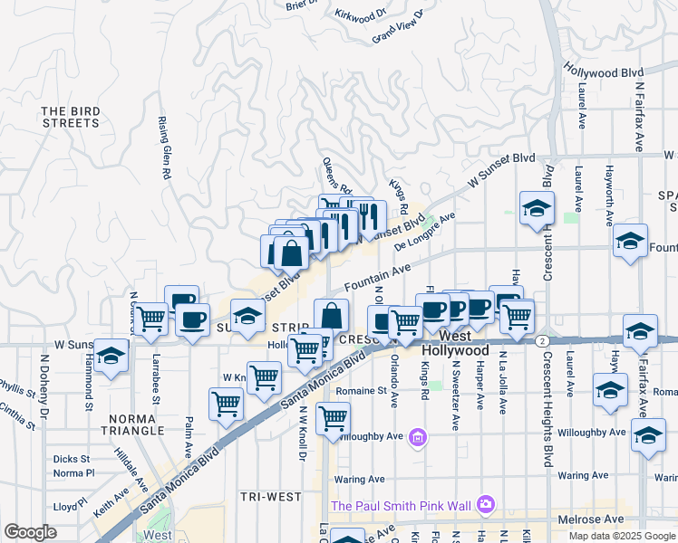 map of restaurants, bars, coffee shops, grocery stores, and more near 1228 North La Cienega Boulevard in West Hollywood