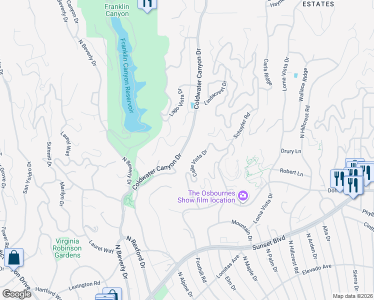 map of restaurants, bars, coffee shops, grocery stores, and more near 1138 Coldwater Canyon Drive in Beverly Hills