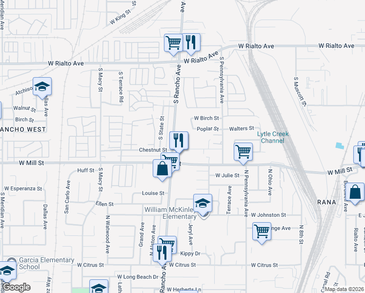 map of restaurants, bars, coffee shops, grocery stores, and more near 2170 South Rancho Avenue in Colton
