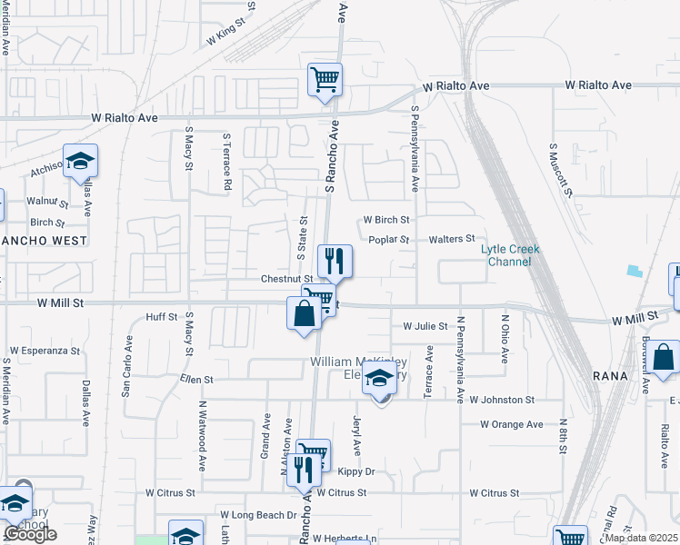 map of restaurants, bars, coffee shops, grocery stores, and more near 2170 North Rancho Avenue in Colton