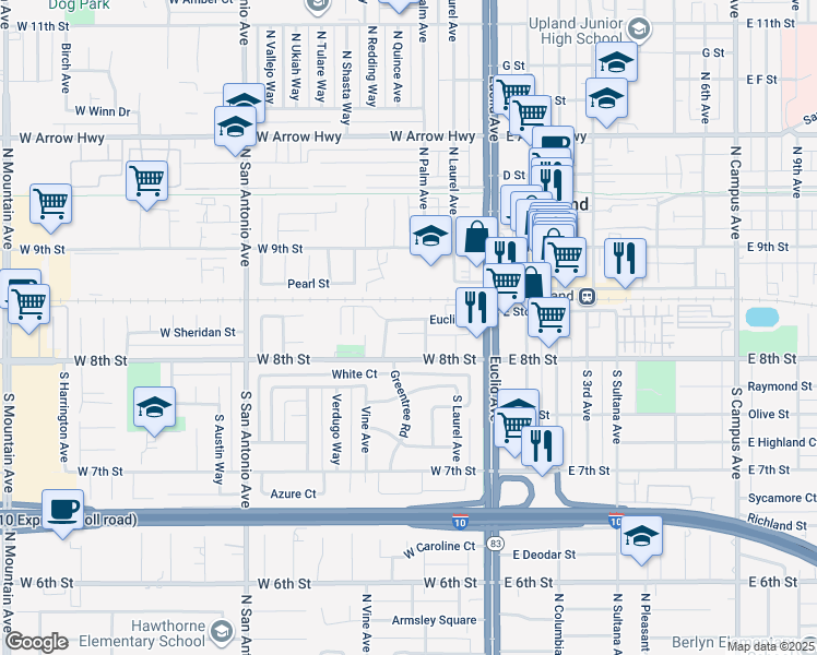 map of restaurants, bars, coffee shops, grocery stores, and more near 157 South Palm Avenue in Upland