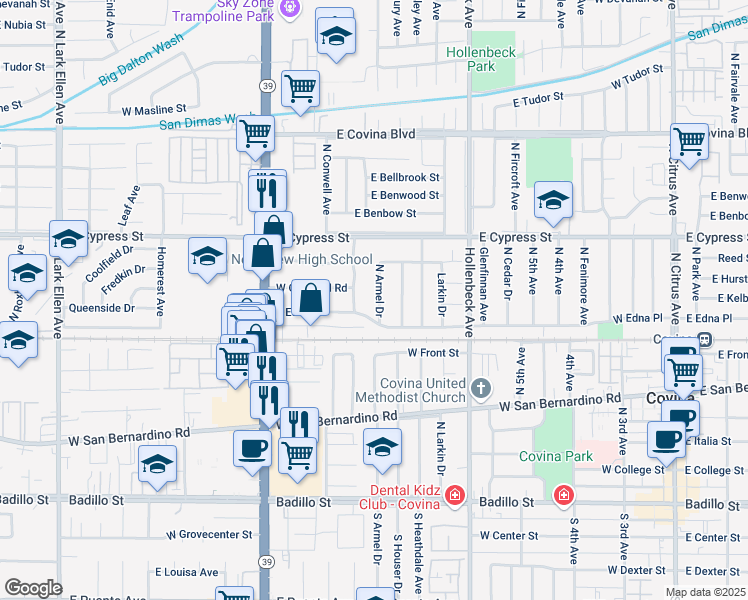 map of restaurants, bars, coffee shops, grocery stores, and more near 745 North Armel Drive in Covina