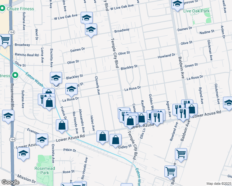 map of restaurants, bars, coffee shops, grocery stores, and more near 9564 La Rosa Drive in Temple City