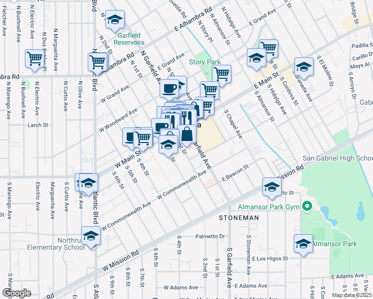 map of restaurants, bars, coffee shops, grocery stores, and more near in Alhambra