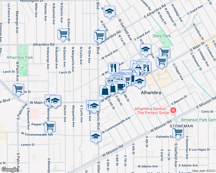 map of restaurants, bars, coffee shops, grocery stores, and more near 22 North 5th Street in Alhambra