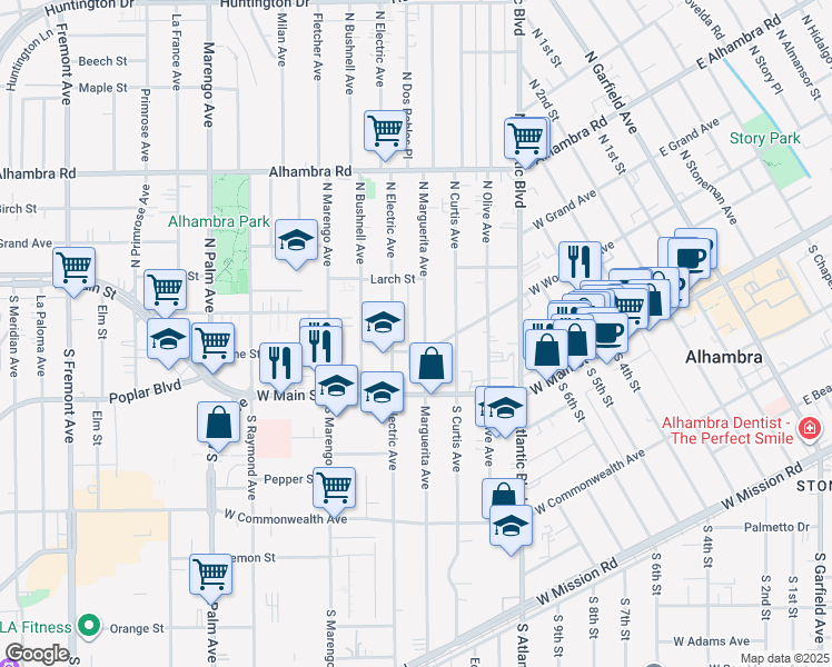 map of restaurants, bars, coffee shops, grocery stores, and more near 115 North Marguerita Avenue in Alhambra