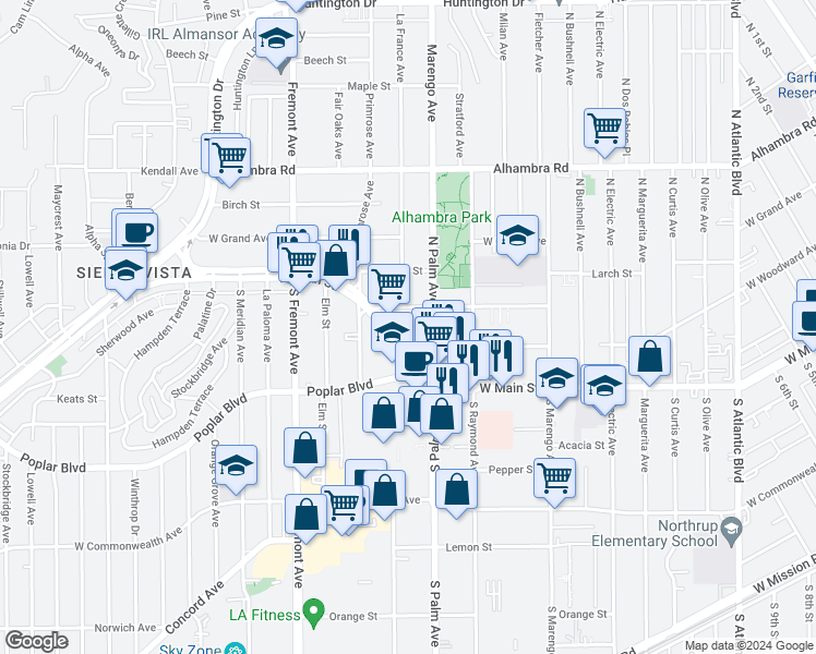 map of restaurants, bars, coffee shops, grocery stores, and more near 2239 West Main Street in Alhambra
