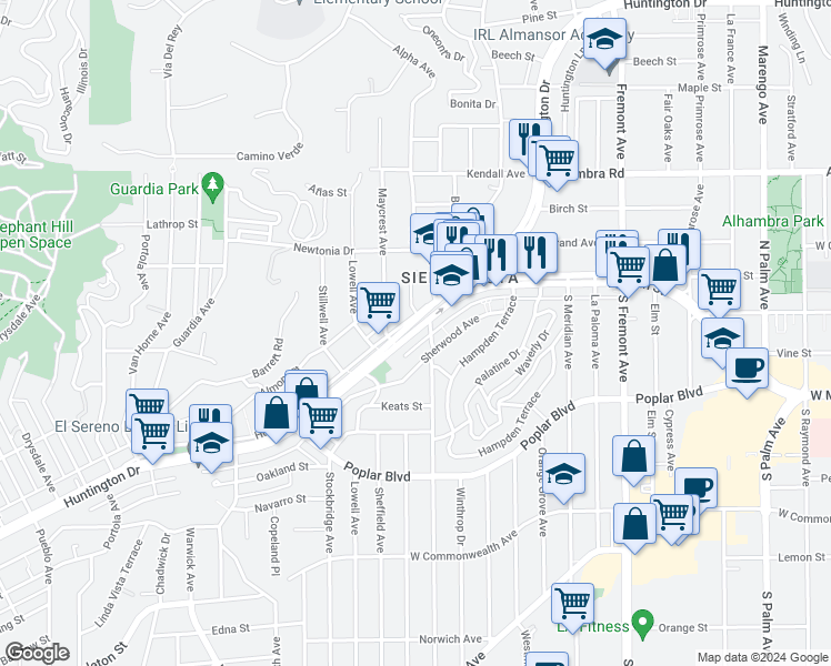 map of restaurants, bars, coffee shops, grocery stores, and more near 18 Westmont Drive in Alhambra