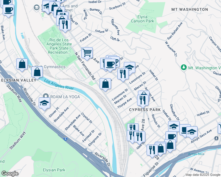 map of restaurants, bars, coffee shops, grocery stores, and more near 2627 Roseview Avenue in Los Angeles