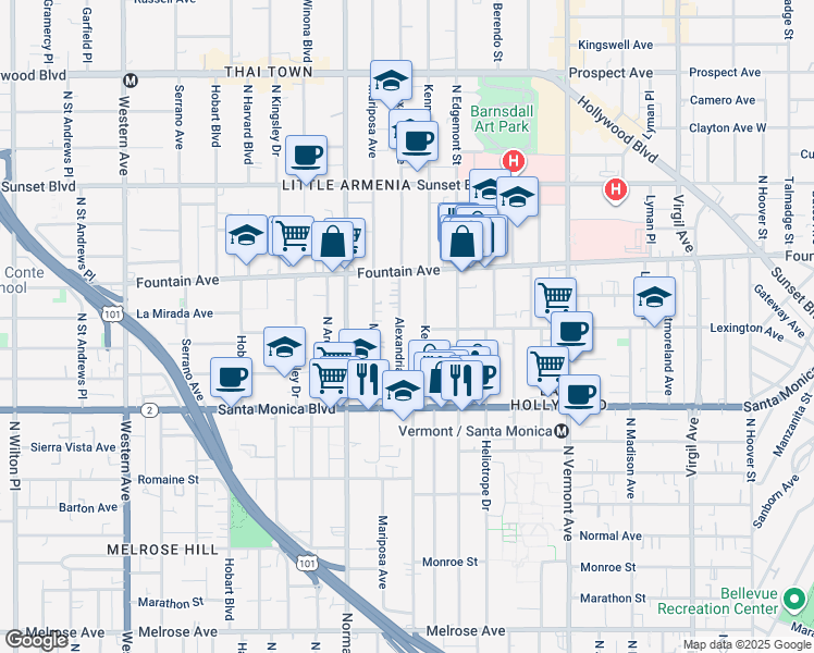 map of restaurants, bars, coffee shops, grocery stores, and more near 1201 North Kenmore Avenue in Los Angeles