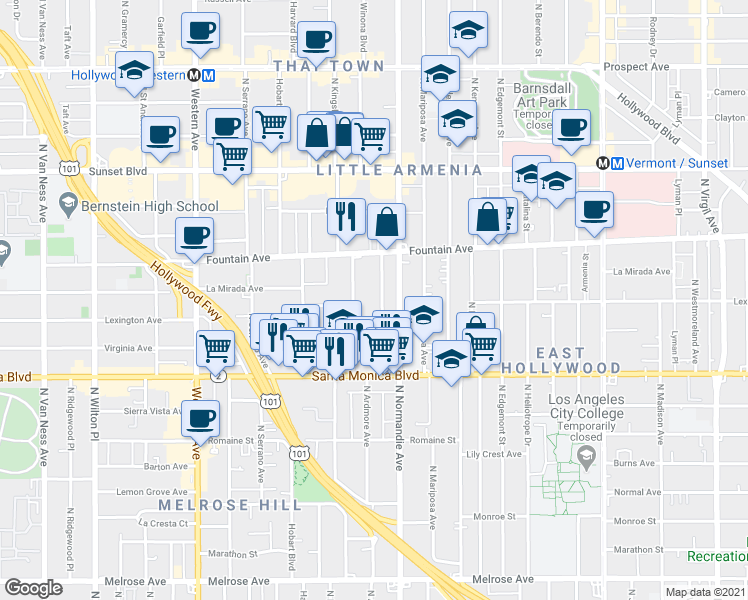 map of restaurants, bars, coffee shops, grocery stores, and more near 1202 North Kingsley Drive in Los Angeles