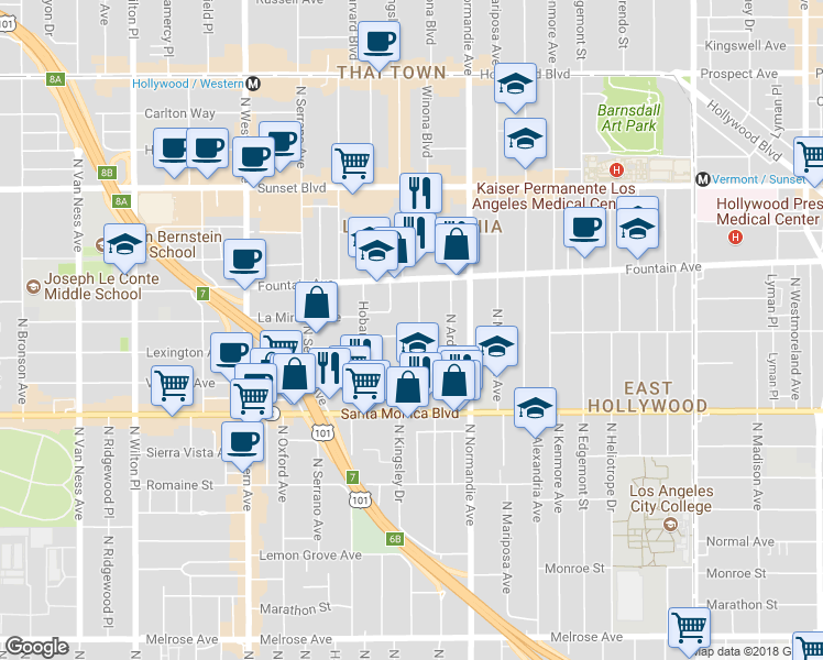 map of restaurants, bars, coffee shops, grocery stores, and more near 5225 Lexington Avenue in Los Angeles