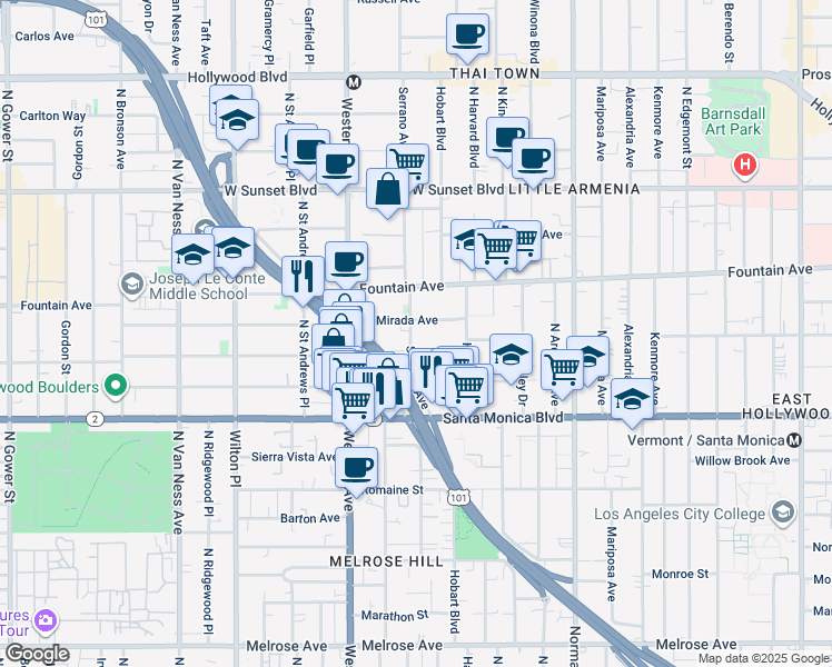 map of restaurants, bars, coffee shops, grocery stores, and more near 1218 North Serrano Avenue in Los Angeles