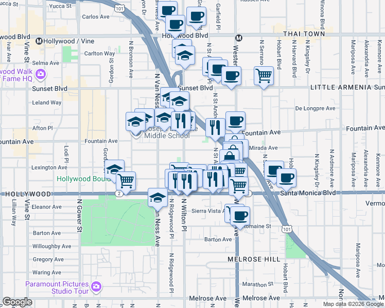 map of restaurants, bars, coffee shops, grocery stores, and more near 5642 La Mirada Avenue in Los Angeles