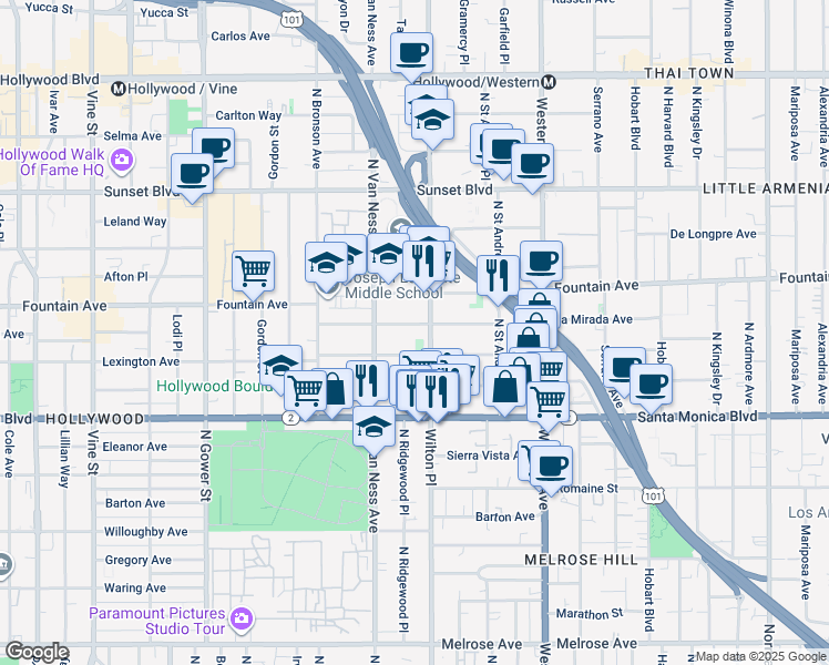 map of restaurants, bars, coffee shops, grocery stores, and more near 5704 La Mirada Avenue in Los Angeles