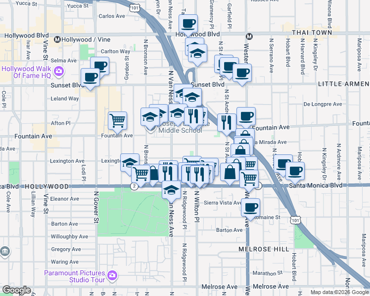 map of restaurants, bars, coffee shops, grocery stores, and more near 5704 La Mirada Avenue in Los Angeles