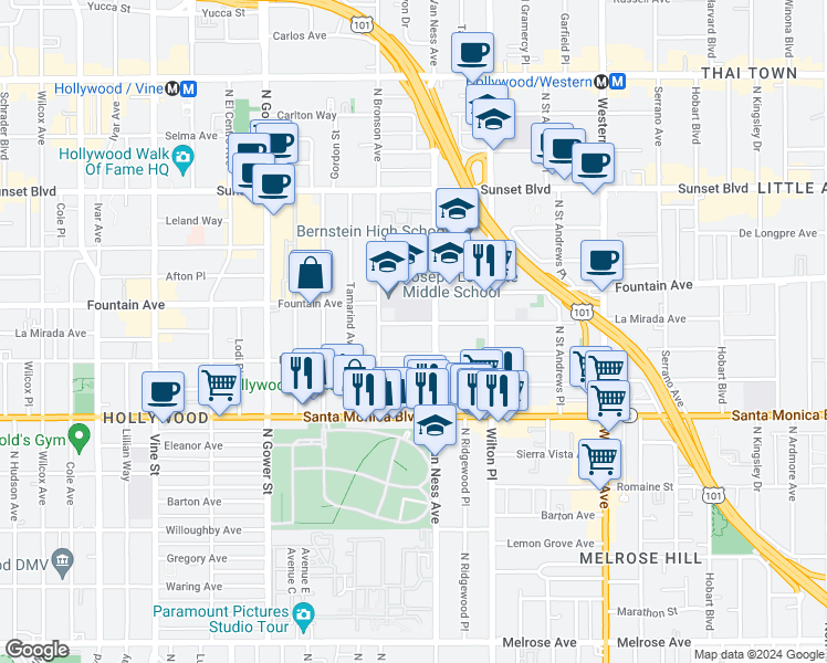 map of restaurants, bars, coffee shops, grocery stores, and more near 5830 La Mirada Avenue in Los Angeles