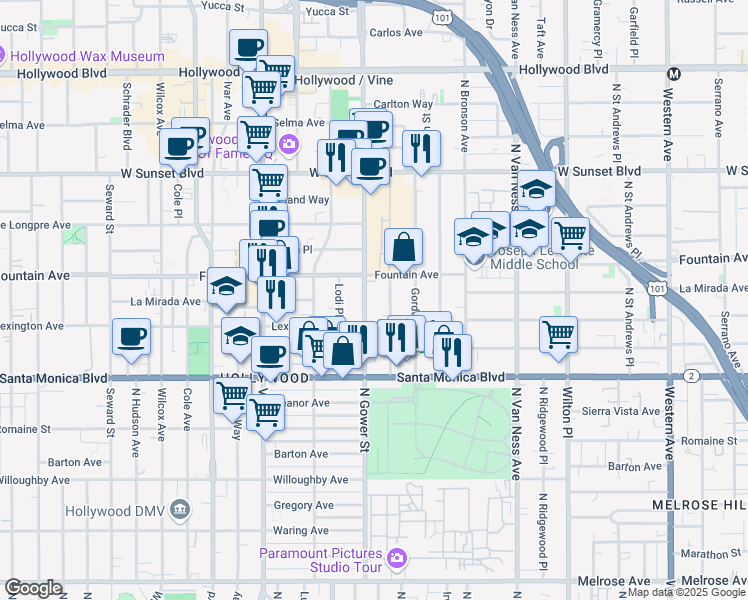map of restaurants, bars, coffee shops, grocery stores, and more near 1233 North Beachwood Drive in Los Angeles