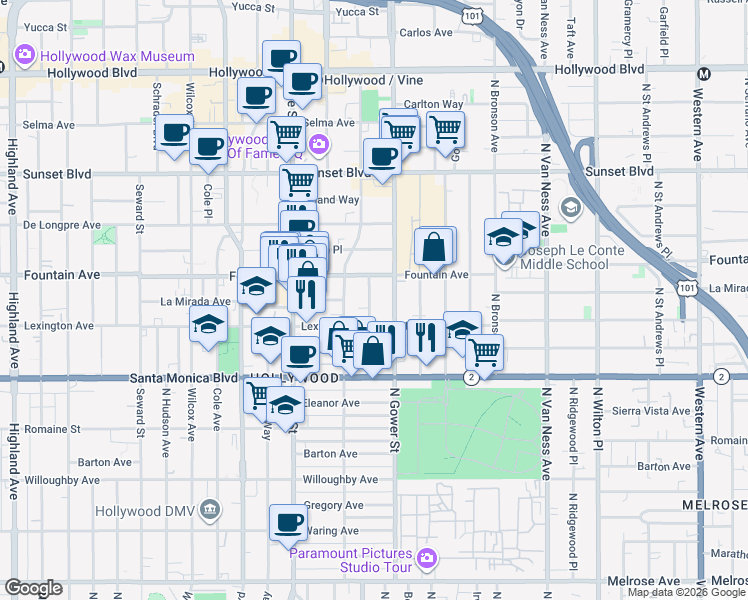 map of restaurants, bars, coffee shops, grocery stores, and more near 1232 Lodi Place in Los Angeles