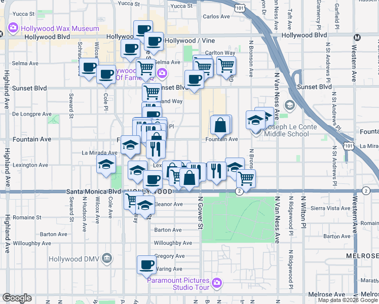 map of restaurants, bars, coffee shops, grocery stores, and more near 1232 Lodi Place in Los Angeles