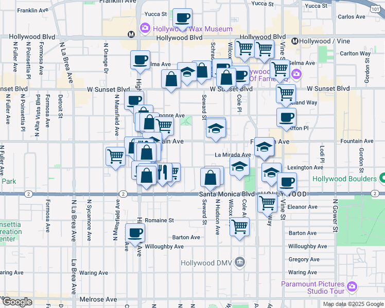 map of restaurants, bars, coffee shops, grocery stores, and more near 1231 Seward Street in Los Angeles
