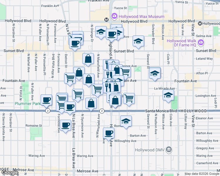 map of restaurants, bars, coffee shops, grocery stores, and more near 1229 North Citrus Avenue in Los Angeles