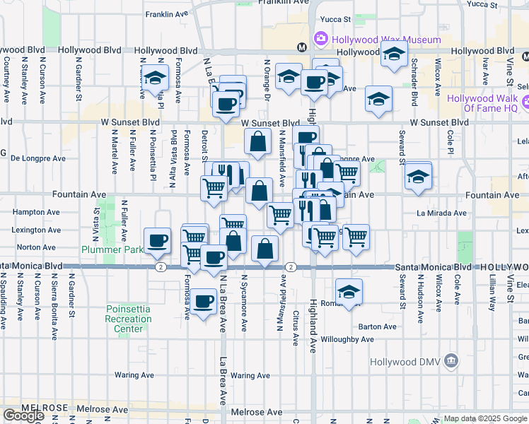 map of restaurants, bars, coffee shops, grocery stores, and more near 1229 North Mansfield Avenue in Los Angeles