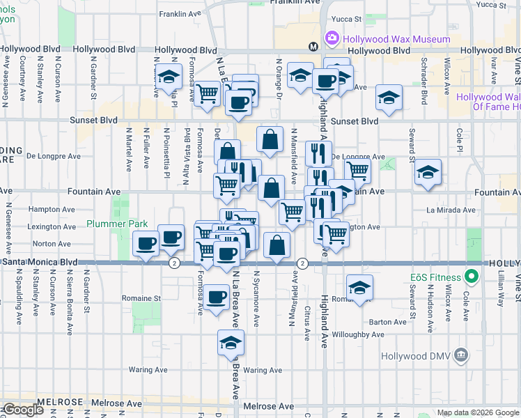 map of restaurants, bars, coffee shops, grocery stores, and more near 1232 North Sycamore Avenue in Los Angeles